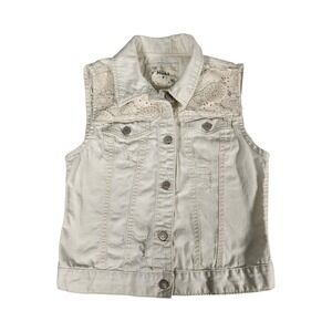 Mudd Womens Denim Vest Cream Off White Lace Crochet Distressed Boho Size M
